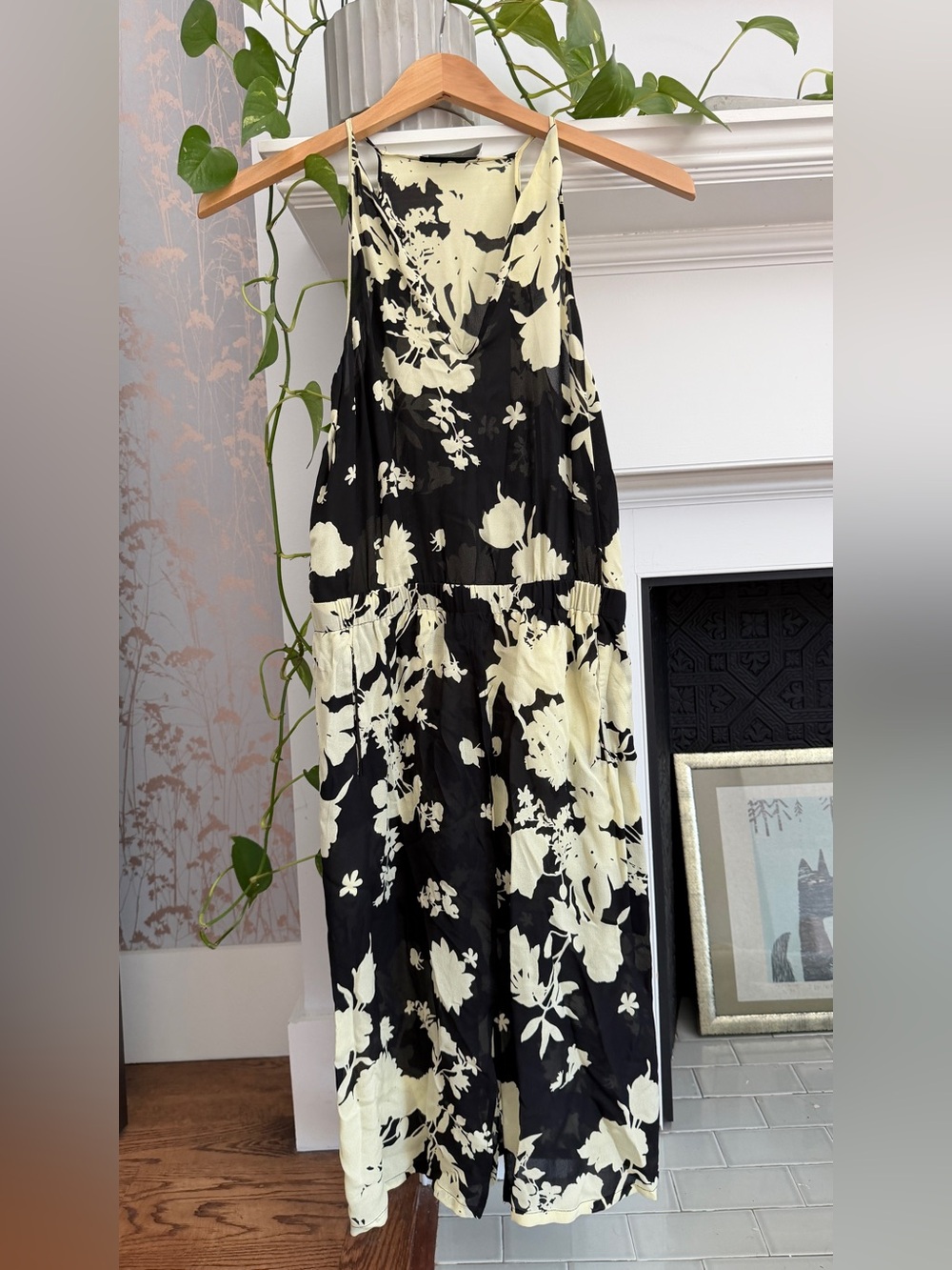 A.L.C. Black Silk Midi Dress with Pale Green/Yellow Floral Print